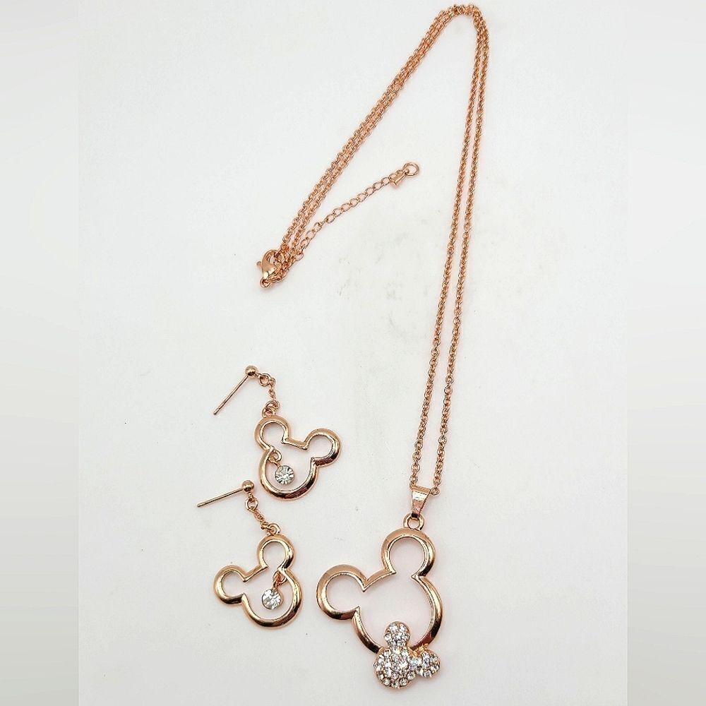 Mickey Mouse Necklace and Earrings,  Rose Goldtone